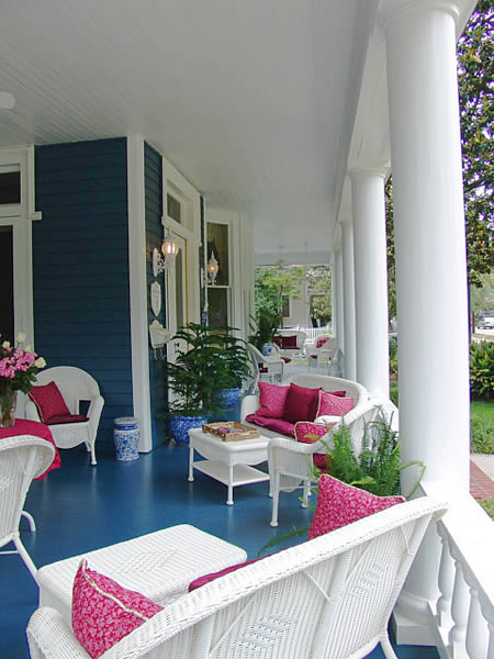 blue with pops of pink on porch
